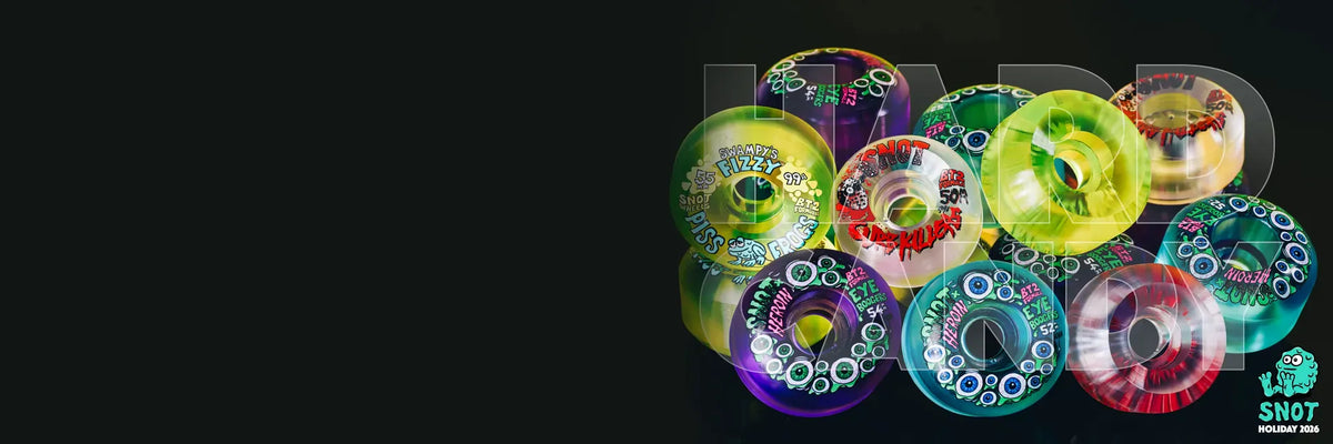 Snot Wheels Hard Candy Holiday 2026 translucent skateboard wheels including Eye Boogers, Curb Killers and Swampy's Fizzy