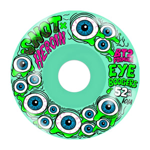 Snot x Heroin Eye Boogers 52mm 101A Wide Boy skateboard wheel, clear blue with green slime and blue eyeball graphic