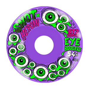 Snot x Heroin Eye Boogers 54mm 101A Wide Boy skateboard wheel, clear purple with green slime and green eyeball graphic