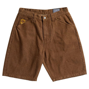 Front view of Spitfire Bighead Brown Denim Shorts showing relaxed fit and embroidered logo