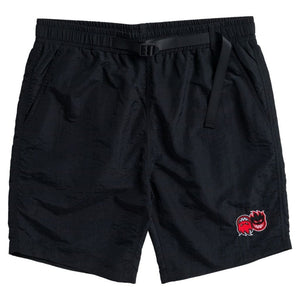 Front view of SPITFIRE Eternal Black Shorts with elastic waistband and embroidered logo