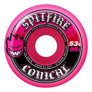 pink spitfire conical full formula four skateboard wheels side image. flat spot resistant 