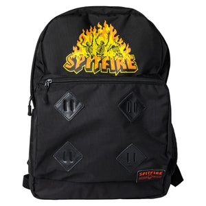front image Spitfire Hellfire Backpack in black featuring front Spitfire logo screenprint, woven label, 13" laptop sleeve, side pocket, and padded mesh straps.