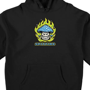 close up of black spitfire mushroom logo pull over hoodie