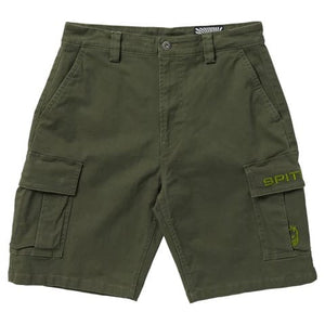 Green cargo shorts with  Spitfire embroidered brand logo on a white background