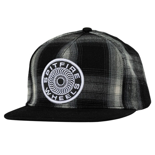 Spitfire Swirl Classic Patch Snapback Hat Black/White Plaid front view