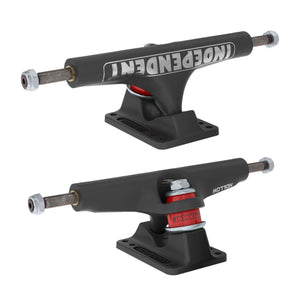 Two black stage 4 hollow  Independent skateboard trucks one front side image and one on the kingpin side. Red bushings on hollow kingpin