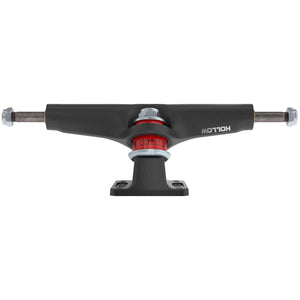 the inside kingpin view of the black stage 4 hollow skateboard trucks 