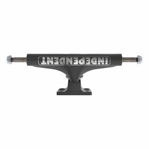 A single black full bat stage 4 hollow Independent skateboard truck with silver hardware and a silver brand logo on the top, 