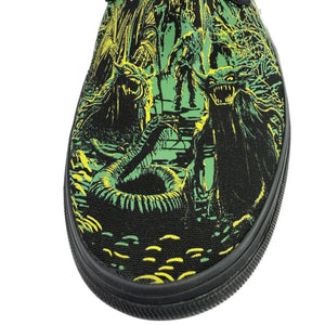  Vans slip on classic Sneaker with a dragon and warrior design on a black background