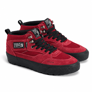 Pair of Vans Half Cab GORE-TEX Insulated MTE Bordeaux/Black shoes, angled view showing black laces, Half Cab tongue labels and black outsoles