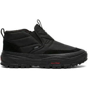Vans Mid-Slip Puff in Black/Black facing right, with quilted nylon upper and All-Trac outsole