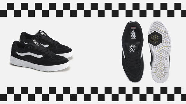 Black and white Vans Rowan z3 shown from multiple angles, including side, top, and sole views, set against a light gray background with a black-and-white checkered border.