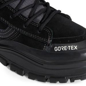 Close-up of the suede toe, stitched upper and GORE-TEX logo on Vans Sk8-Hi GORE-TEX Insulated MTE Black/Black