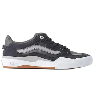 A Vans jayvee 2  sneaker in dark gray suede and mesh with a white platform sole and a brown gum outsole.