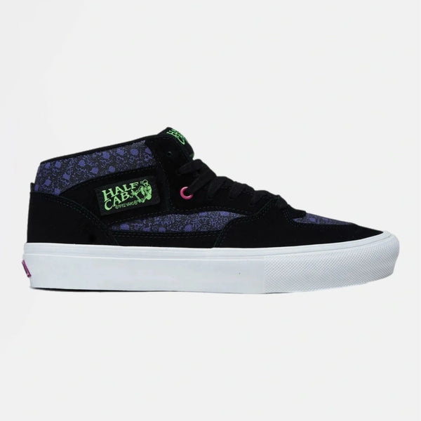 side image of Vans skate half cab shoes acid airbrush violet color, Sick stick grip and popcush footbeds foe comfort and impact 