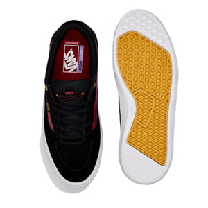 top and bottom image vans walker black red python cup sole shoes