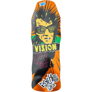 Vision Psycho Stick Limited Orange Scratch Foil 10 x 30 skateboard deck featuring the classic Psycho Stick graphic and orange foil finish