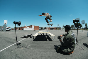 action shot of vans x alibi waffle cup ha;f cab oatmeal;