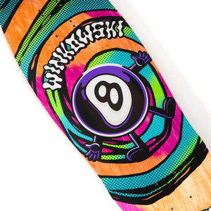 Santa Cruz Winkowski Vertigo 9.5" deck with neon spot gloss graphic and hand-stained veneer close up
