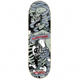 Zero Adrian Lopez Pushead 30 Year Reissue Skateboard Deck 8.25: pushead skull artwork with adrian lopez and zero lettering. Bottom view on a white background.