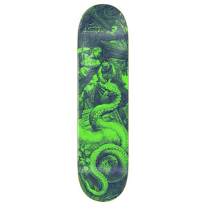 A skateboard deck with a dark green and black graphic print featuring a classical mythological scene of a figure battling a large serpent, shown against a plain white background.
