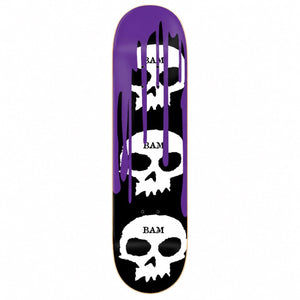 Zero Bam 3 Skull Blood purple skateboard deck with three white skulls and purple drip graphic, square product photo