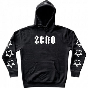 Black hoodie with white Zero x Bam 3 Star Multi Heart hoodie front graphic front image with sleeve logos