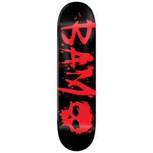 black zero skateboard with Bam blood skull logo graphic
