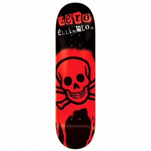 Zero Erik Ellington Stencil 30 Year Reissue Skateboard Deck 8.25: red and black stencil skull artwork with ellington lettering. Bottom view on a white background.