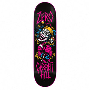 Zero Garrett Hill Jester 30 Year Reissue Skateboard Deck 8.25: colorful jester artwork and garrett hill lettering on a pink-dipped deck. Bottom view on a white background.