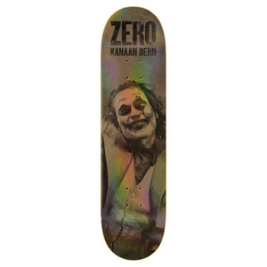 Gold Joker graphics on zero skateboard holographic finish Kanaan Dern pro model