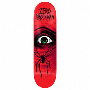 Zero James Brockman Wolfspider 30 Year Reissue Skateboard Deck 8.5: eye and spider artwork on a red-dipped deck. Bottom view on a white background.