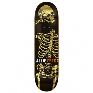 Zero Jon Allie Headcase Gold Foil 30 Year Reissue Skateboard Deck 8.25: gold foil skeleton artwork on black with allie zero lettering. Bottom view on a white background.