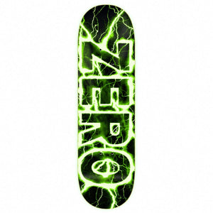 Zero Lightning Glow 30 Year Reissue Skateboard Deck 8.25: bright green lightning and zero lettering on a glow-in-the-dark dipped deck. Bottom view on a white background.