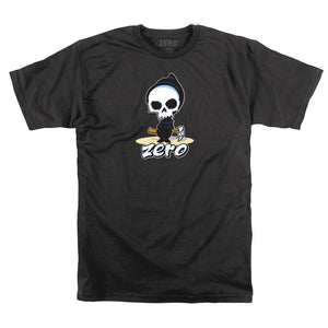 Black t-shirt with a  zero skull reaper and crossbones design on a white background