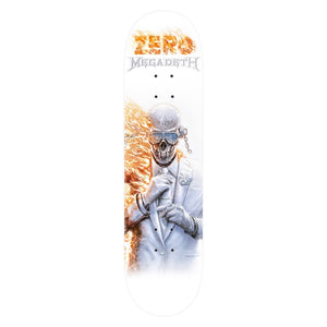 A skateboard deck featuring a graphic of a skull in a white suit with sunglasses, set against a background of orange flames. The top of the deck is white with the text 'ZERO' in orange and 'MEGADETH' in gray below it.