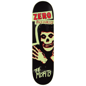 black skateboard with skull on black background zero x misfits business glow deck