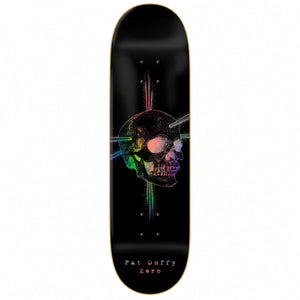 Zero Pat Duffy Guest Skateboard Deck: multicolor holographic skull artwork on a black background. Bottom view on a white background.