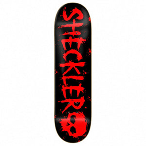Zero Ryan Sheckler Blood Red Foil Skateboard Deck 8.25: red foil sheckler lettering and skull artwork on a black background. Bottom view on a white background.