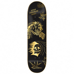 Zero Ryan Sheckler Suffer Gold Foil Skateboard Deck 8.5: gold foil suffer artwork on black with ryan sheckler lettering. Bottom view on a white background.