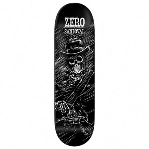 Zero Tommy Sandoval Gunslinger 30 Year Reissue Skateboard Deck 8.5: dark gunslinger artwork on a black-dipped deck. Bottom view on a white background.