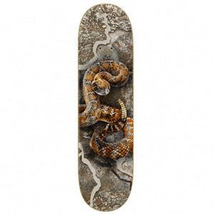 Zero x Realtree Burleigh Rattlesnake Skateboard Deck 8.5: coiled rattlesnake artwork over realtree camouflage. Bottom view on a white background.