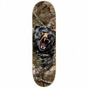 Zero x Realtree David Reyes Bear Skateboard Deck 8.25: roaring bear artwork over realtree woodland camouflage. Bottom view on a white background.
