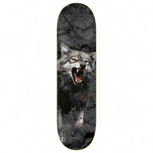 Zero x Realtree Jamie Thomas Wolf Skateboard Deck 8.5: snarling wolf artwork over dark realtree camouflage. Bottom view on a white background.