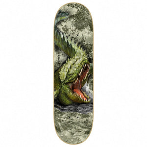 Zero x Realtree Kanaan Dern Gator Skateboard Deck 8.375: green alligator artwork over realtree camouflage. Bottom view on a white background.