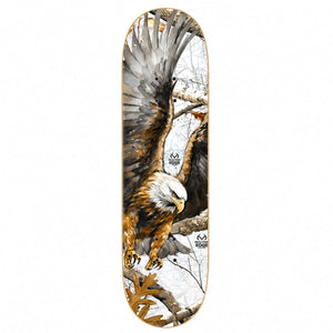 Zero x Realtree Ryan Sheckler Eagle Skateboard Deck 8.25: eagle artwork over woodland realtree camouflage. Bottom view on a white background.