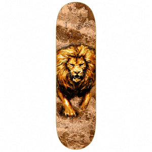 Zero x Realtree Tommy Sandoval Lion Skateboard Deck 8.25: lion artwork over tan realtree camouflage, alternate supplier image. Bottom view on a white background.