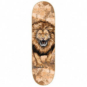 Zero x Realtree Tommy Sandoval Lion Skateboard Deck 8.25: lion artwork over tan realtree camouflage. Bottom view on a white background.
