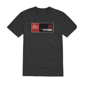 Black t-shirt with a red and white logo on a white background